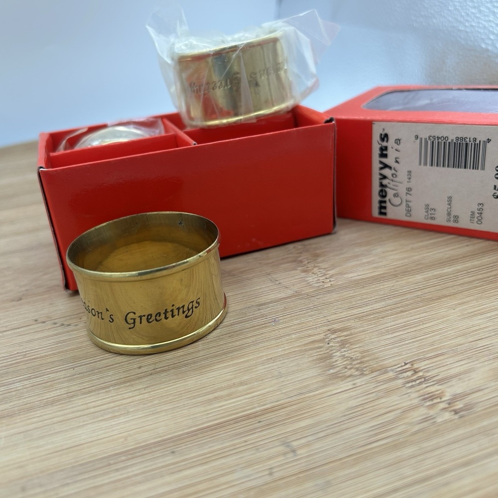 Set of 4‎ Brass Season's Greetings Napkin Rings Box NWT